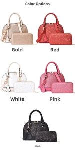 Glitter sequin shell handbag and long wallet set in gold, red, pink, white, and black