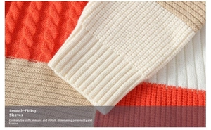Detailed macro view of the knitted cable pattern and ribbed cuffs on a men's colorblock sweater
