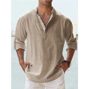 Chemise en lin homme kaki à col montant et manches longues pour un style décontracté
