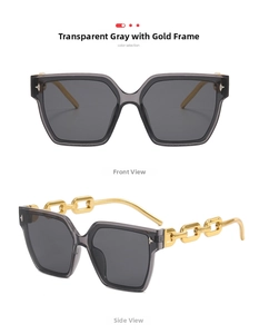 Detail view of transparent grey frame sunglasses with stylish gold chain metal temples