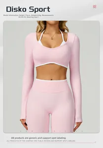 Detail of pink long sleeve yoga top with white contrast trim and high elastic knit fabric