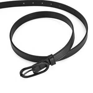 Minimalist black leather belt with elegant oval metal buckle for women's dresses