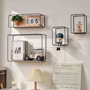 Nordic wall shelf set with black metal frames and wooden base for home decor