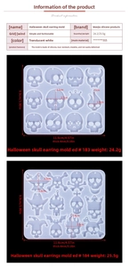 Detailed size chart for Halloween skull earring silicone resin molds with dimensions