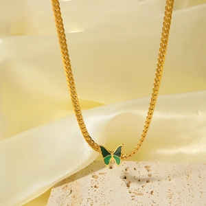 French vintage 18k gold plated stainless steel necklace with green butterfly pendant