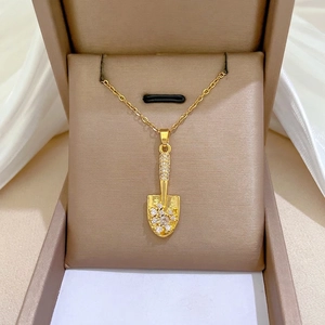 Shovel Pendant Necklace Gold Stainless Steel Chain Copper Micro Pave Zirconia Sparkling Creative Jewelry For Women