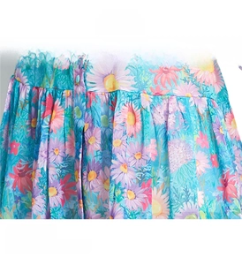 Close-up of blue floral print fabric with soft, breathable and skin-friendly texture