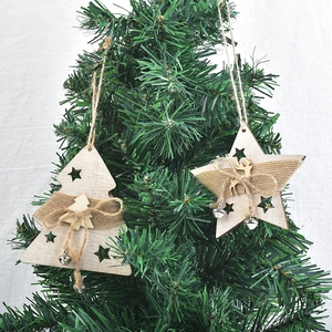 Wooden Christmas tree hanging ornaments, star and reindeer rustic holiday decor set.
