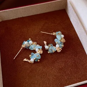 C-Hoop Earrings With Aquamarine Crushed Stones Faux Artificial Pearls And Silver Earring Post French Retro Floral Rose Jewelry For Women