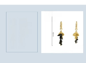 Detail showing 18K gold mushroom drop earrings with black natural stone and dimensions