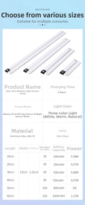 Size chart for ultra-thin LED cabinet light showing power, battery, and dimensions