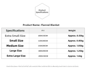 Detailed chart of thick Christmas flannel blanket sizes showing weights and dimensions