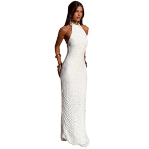 Sleeveless halter neck backless white bodycon long dress with textured ripple fabric