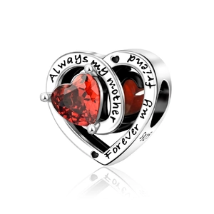 Silver heart charm with red stone and Always my mother Forever my friend engraving
