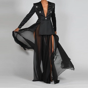 Damen Satin Blazer Und Chiffon Maxirock Langarm Tief V Ausschnitt Strassknöpfe Elegant Sexy Schlanke Passform Schwarz