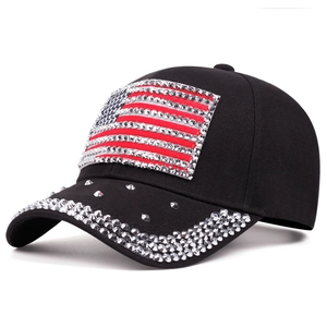 Black cotton baseball cap with rhinestone USA flag patch and sparkling brim details