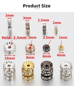 Size chart for rhinestone spacer beads in gold, silver, rose gold and black colors