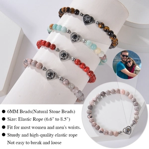 Custom heart projection bracelet with 6mm natural stone beads for photo and text personalization