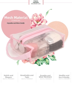 Détail d'une trousse de maquillage rose en maille avec rangement interne et poignée