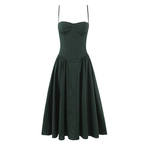 Women Sexy Backless Spaghetti Strap Corset Midi Dress A-Line Pleated Party Evening Dress Plain Color With Pockets