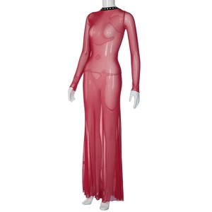 Detail of red mesh sheer maxi dress with black studded choker collar and backless design