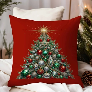 Detail of red Christmas pillowcase with a sparkling jewel tree on white fabric
