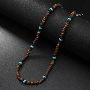 Men's bohemian surf necklace featuring brown wood beads and turquoise stones