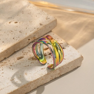 Rainbow plated stainless steel multi-layer geometric open ring with iridescent finish