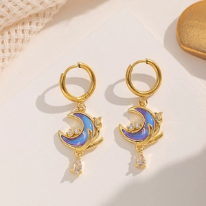 Golden moon earrings with blue-purple gradient resin and zircon drop pendant