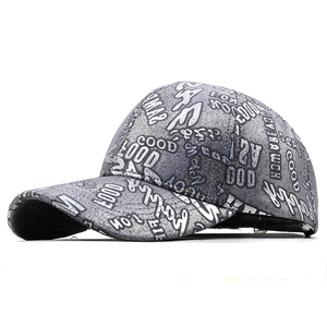 Silver baseball cap with graffiti text prints and curved brim for men and women