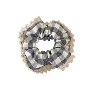 French floral scrunchie with lace trim and black-white checkered pattern for women
