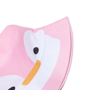 Close-up of pink bucket hat featuring cute cartoon animal embroidery and fine twill cotton fabric