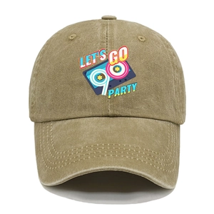 Detailed view of vintage washed cotton baseball cap with retro 90s party graphic print