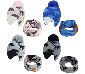 Four sets of knit dinosaur hats and scarves for kids in pink, blue, and gray colors