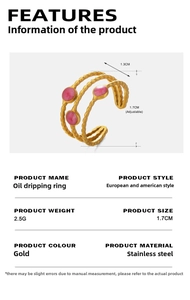 Detailed size view of a 3-layer gold stainless steel ring with pink enamel dot accents