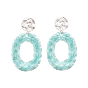 Abstract oval drop earrings with light blue ripple texture and silver hammered metal studs