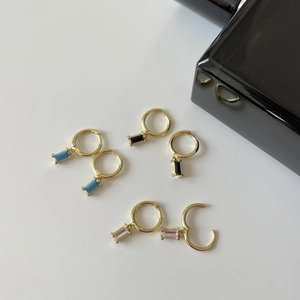 Minimalist 925 sterling silver hoop earrings with blue pink black rectangular zircon pendants
