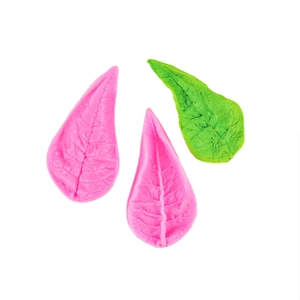 Detailed silicone leaf molds for fondant baking with natural vein texture in pink and green