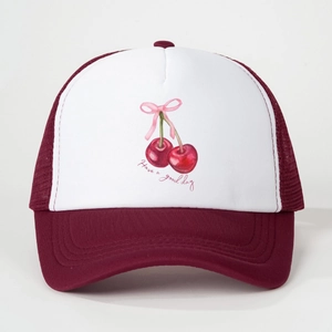 Cappellino trucker vintage con stampa ciliegia e testo Have a good day in rete rossa e bianca