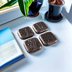 Set of 4 vintage bronze square incense burner lids with Plum Orchid Bamboo Mum carving