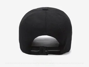Rear view of black breathable mesh baseball cap with adjustable reflective strap