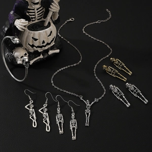 Gothic punk skull jewelry set with necklace earrings and bracelet in vintage silver