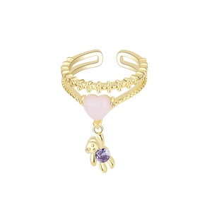 Double Layer Ring Pink Heart Bear Charm Purple Zircon Adjustable Open End Sweet Fashion Jewelry For Women