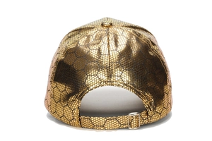 Detail of gold PU baseball cap back view with hexagonal texture and metal buckle