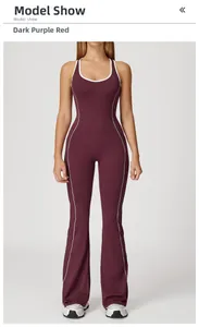 Vorderansicht von dunkelviolett-rotem Yoga-Jumpsuit mit weißen Konturlinien