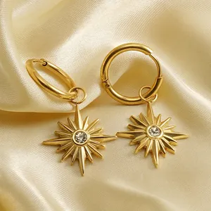 Starburst Hoop Earrings 18K Gold Plated Stainless Steel Zircon Sunburst Eight Pointed Star Dainty Jewelry For Women