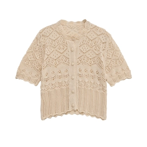 Women Mercerized Cotton Crochet Knit Cardigan Short Sleeve Hollow Out Scalloped Edge Button Up Elegant Retro Top