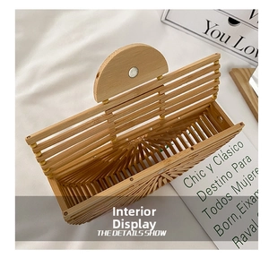 Detail view of the spacious inner compartment and natural bamboo weaving on the beach bag