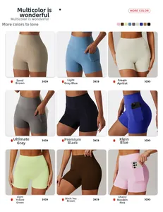 Detail view of high-waist yoga shorts in nine colors featuring a side phone pocket