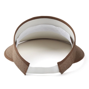 Detail of summer straw sun visor showing brown woven texture and white elastic back strap